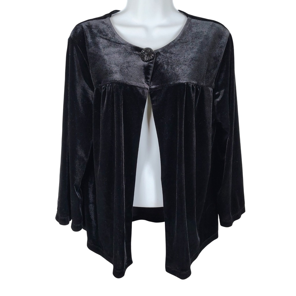 Choices Black Velvet Beaded Button Open Front Cardigan Jacket Women L whimsigoth